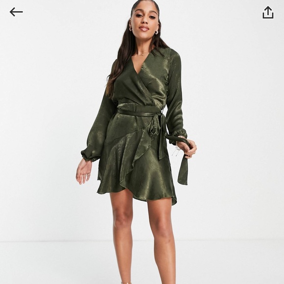 ASOS First Distraction The Label Satin Mini Wrap Dress in Olive - Picture 4 of 6